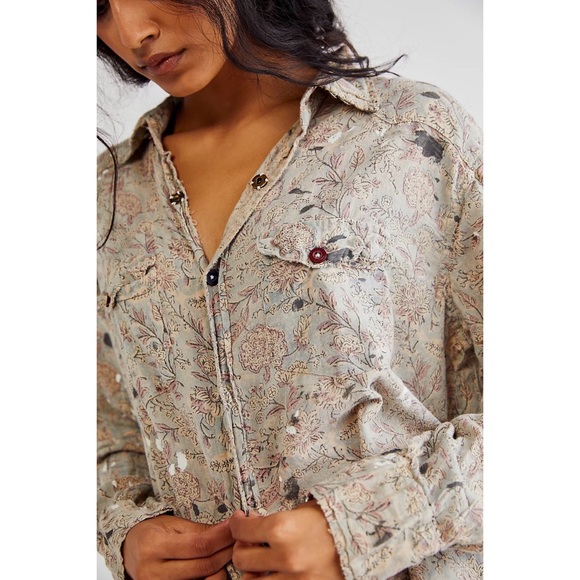 NWT New MAGNOLIA PEARL Free People Block Print Kelly Western Blouse Shirt Rambha - Picture 5 of 13
